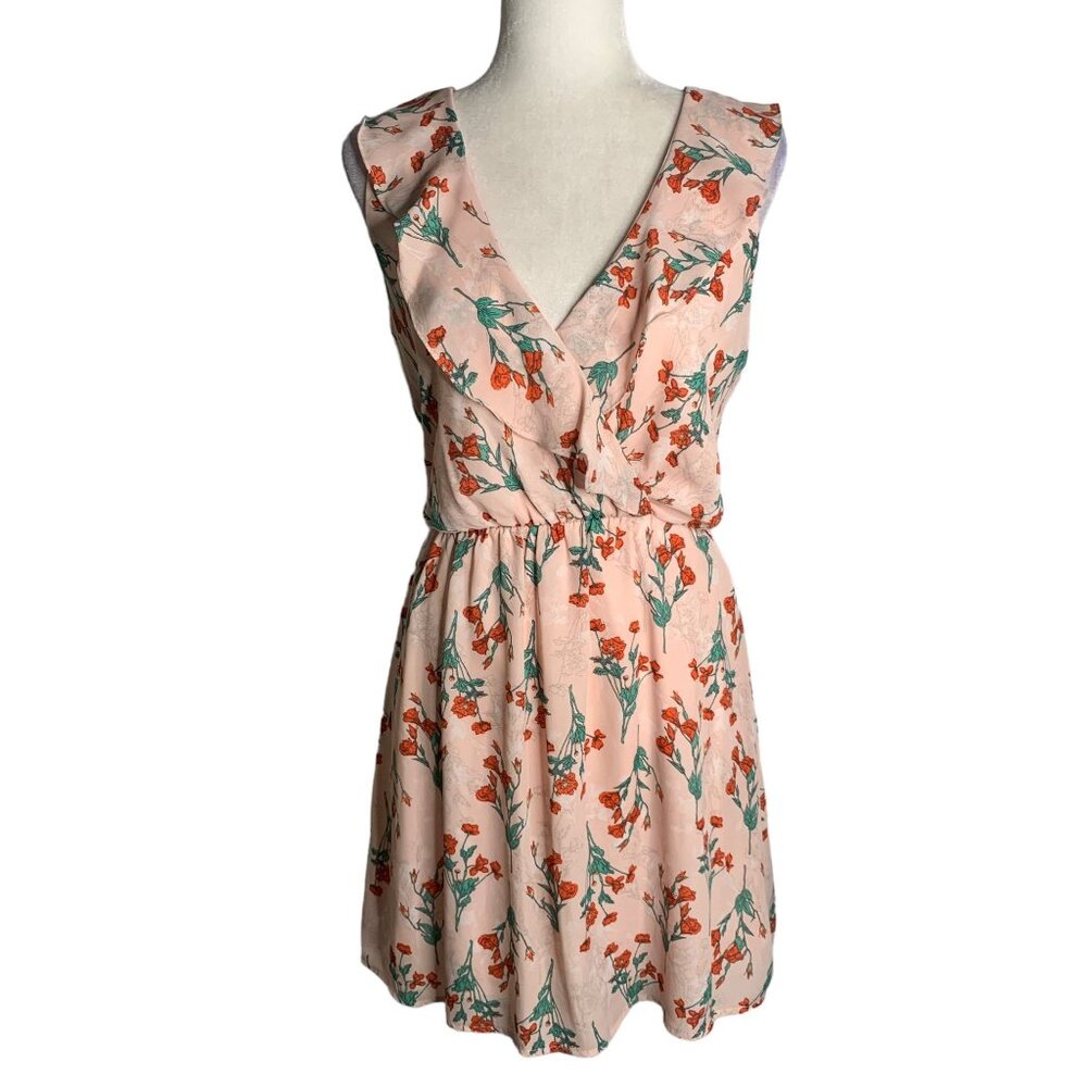 Everly Sleeveless Chiffon Mini Dress S Pink Elastic Waist Lined Low Back V Neck